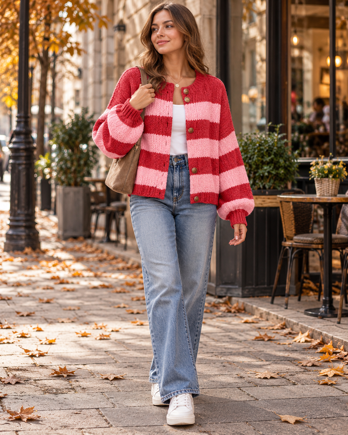Vienna Women's Oversized Striped Chunky Cardigan showcasing Gold-Tone Buttons and Sleeves