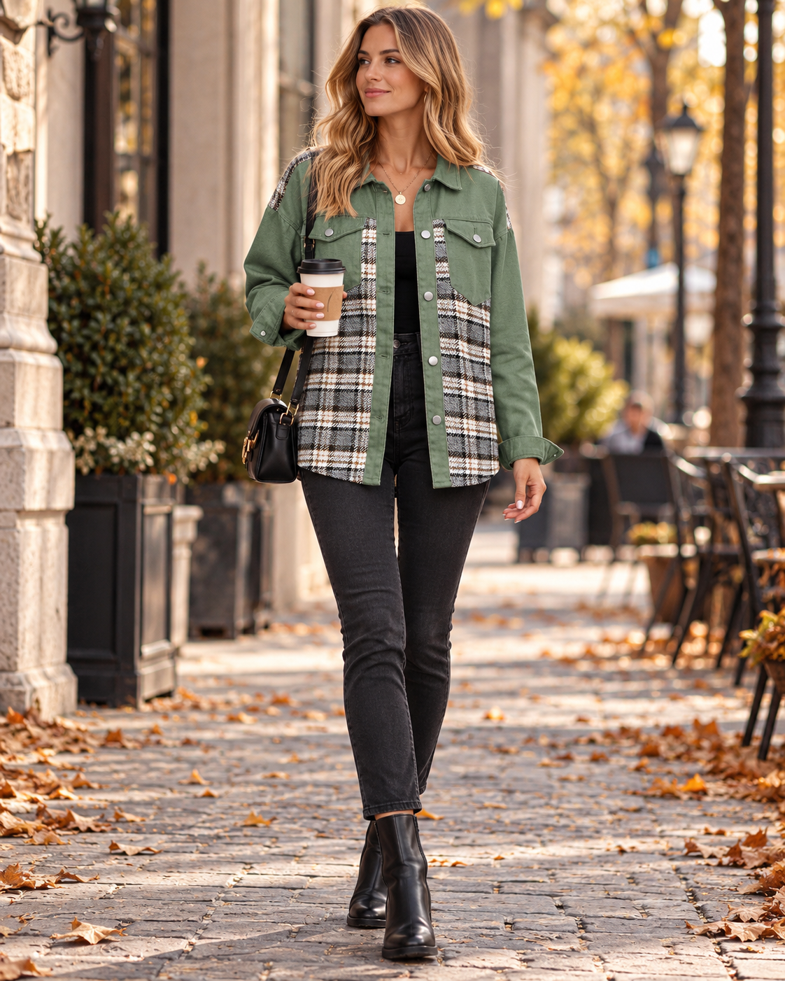 Patricia Women's Plaid and Denim Overshirt with Relaxed Shape, Collar and Flap Pockets