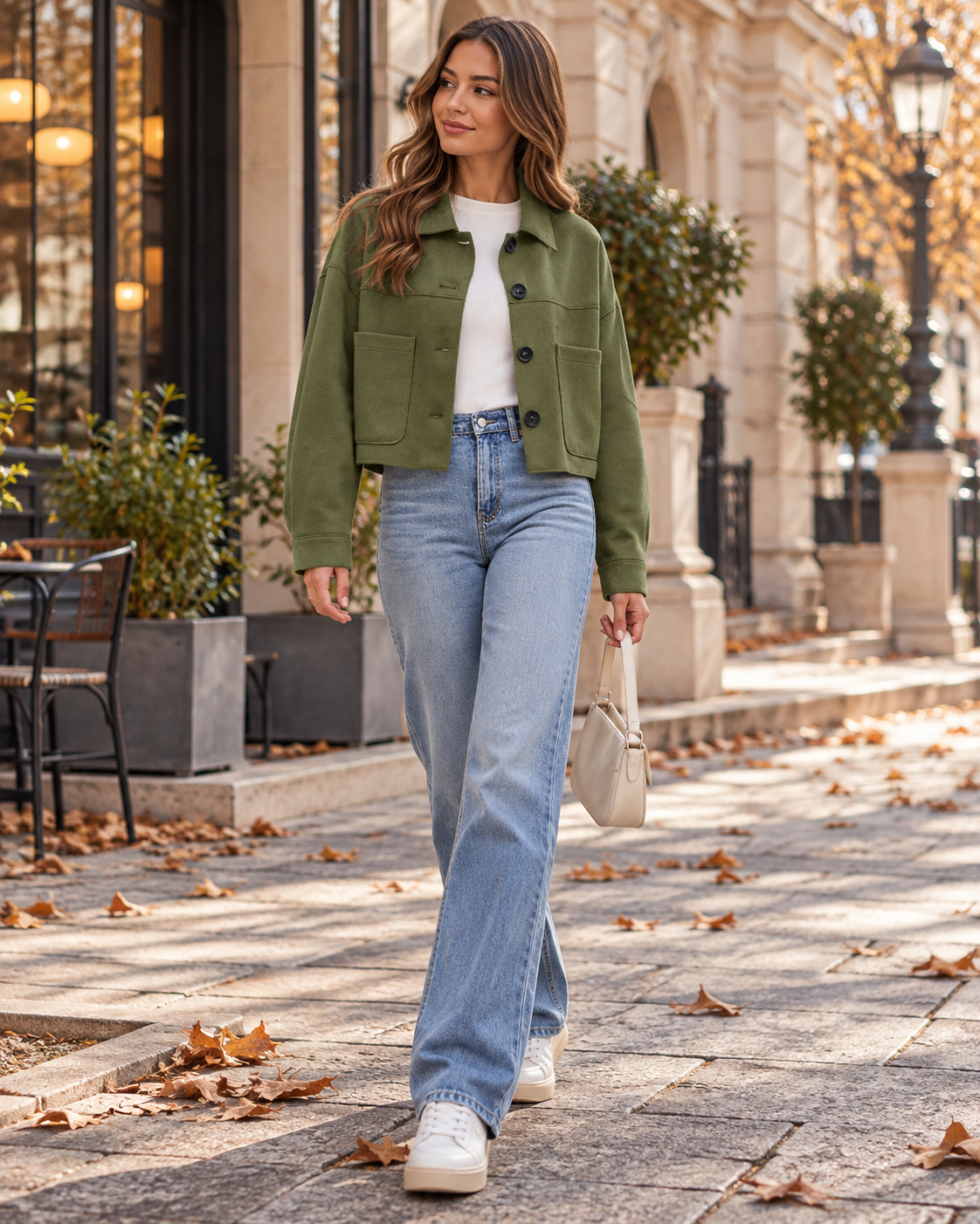 Valeria Women's Long Sleeve Faux Suede Cropped Jacket – Button Front Coat with Pockets
