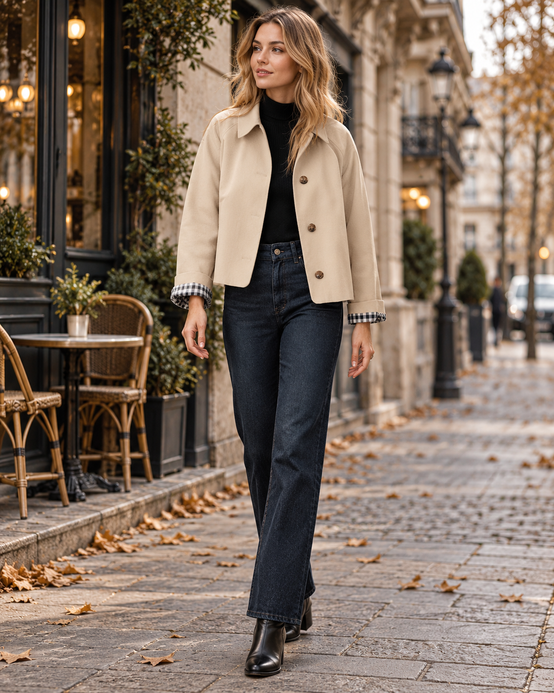 Arielle Women's Cropped Trench Jacket showcasing Checked Lining and Single-Button Styling