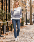 Francesca Women's Crew-Neck Sweater with Classic Stripes, Stretch Knit and Ribbed Cuffs