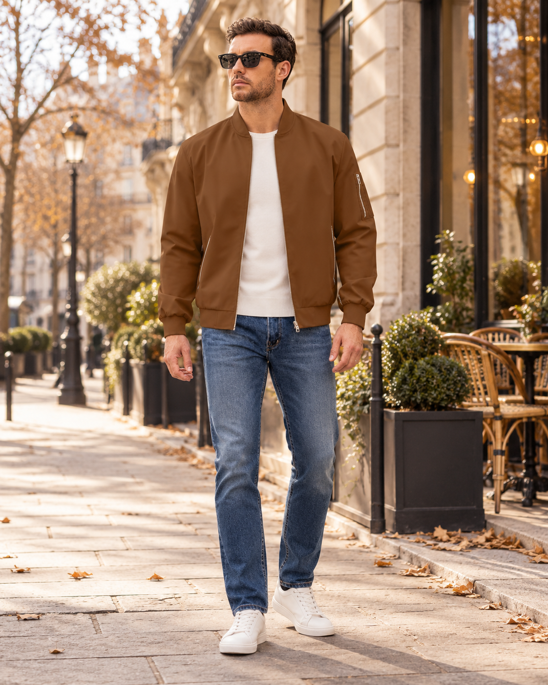 Enzo Men's Water-Resistant Zip-Up Bomber with Windproof Fabric and Ribbed Stand Collar