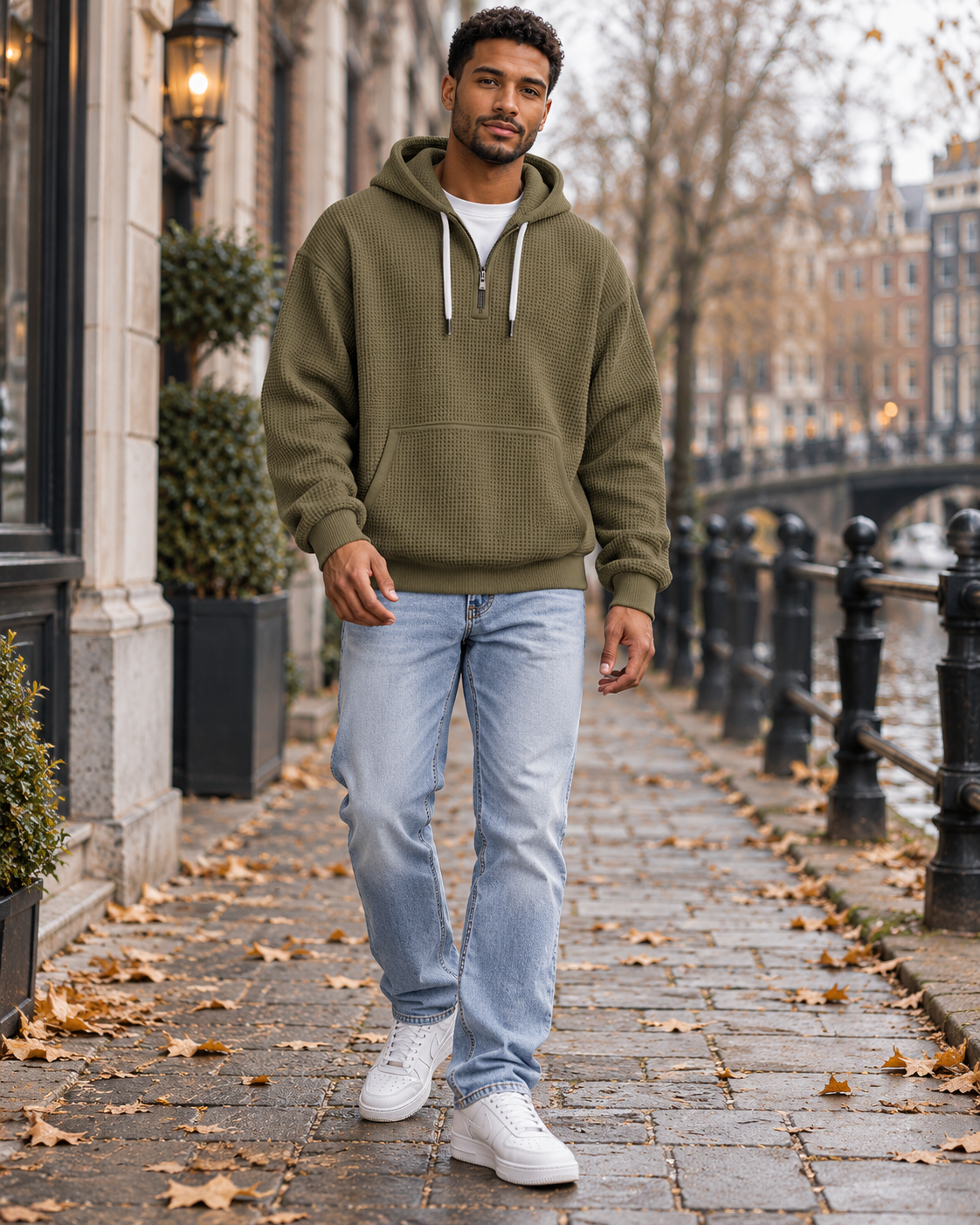 Gian Men's Waffle Knit Hoodie with Quarter Zip, Ribbed Cuffs, Kangaroo Pocket, Waffle Knit