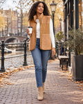 Xandra Women's Sherpa Fleece Vest showcasing Snap Front, Stand Collar and Zippered Pocket