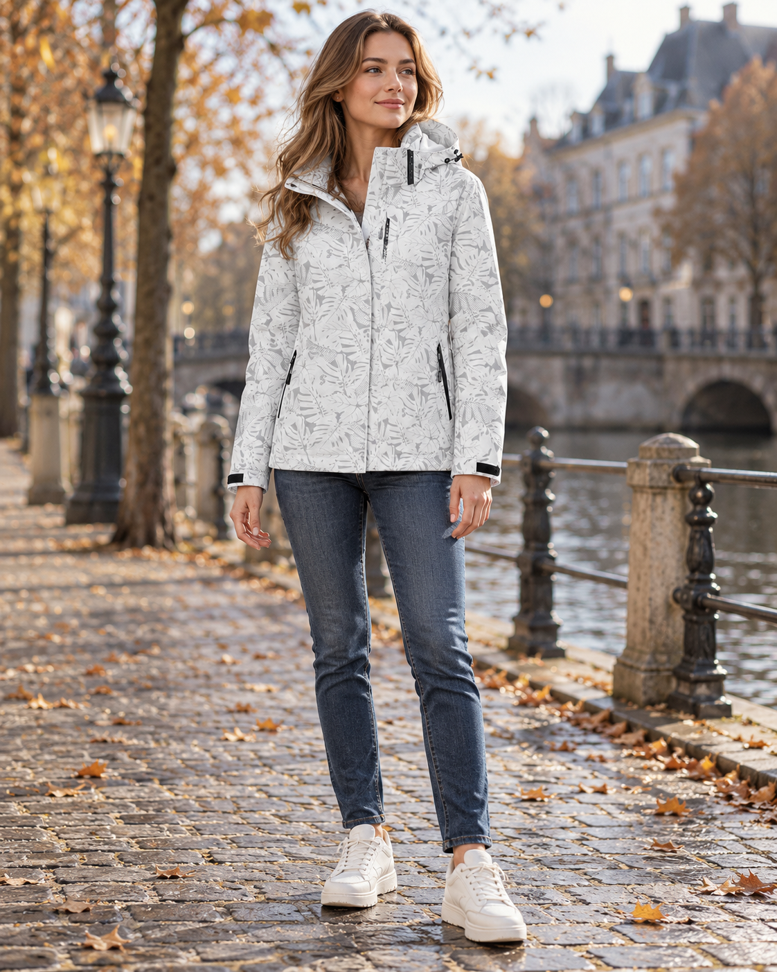 Carmina Women's Lightweight Waterproof Hooded Leaf Print Jacket featuring Zipper Pockets