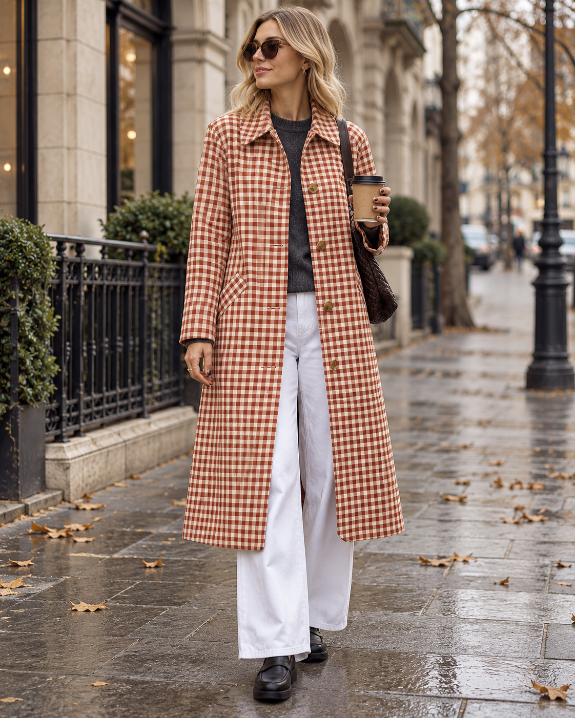 Zaria Women's Long Plaid Trench Coat showcasing Classic Lapels and Single-Breasted Buttons