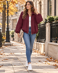 Vienna Women's Pleated Full-Zip Bomber Jacket with Oversized Fit and Batwing Sleeves