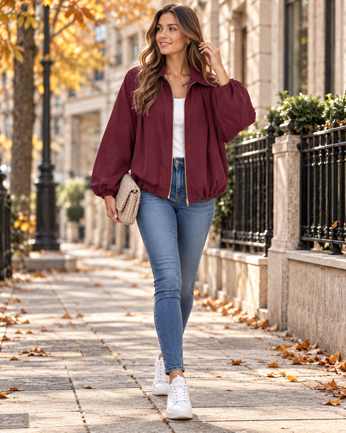 Vienna Women's Pleated Full-Zip Bomber Jacket with Oversized Fit and Batwing Sleeves