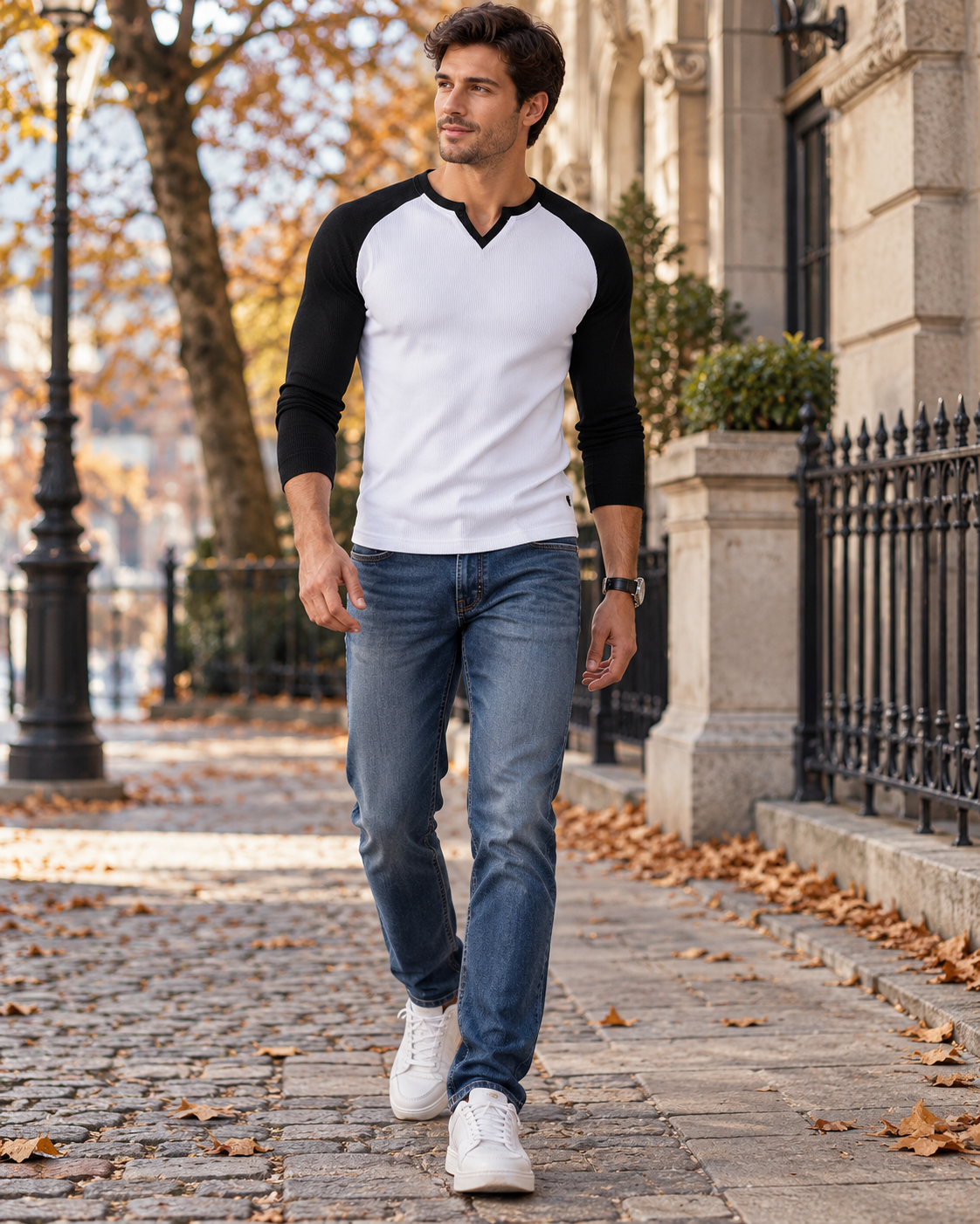 Kian Men's Fitted Ribbed V-Neck T-Shirt with Long Contrast Raglan Sleeves and Curved Hem