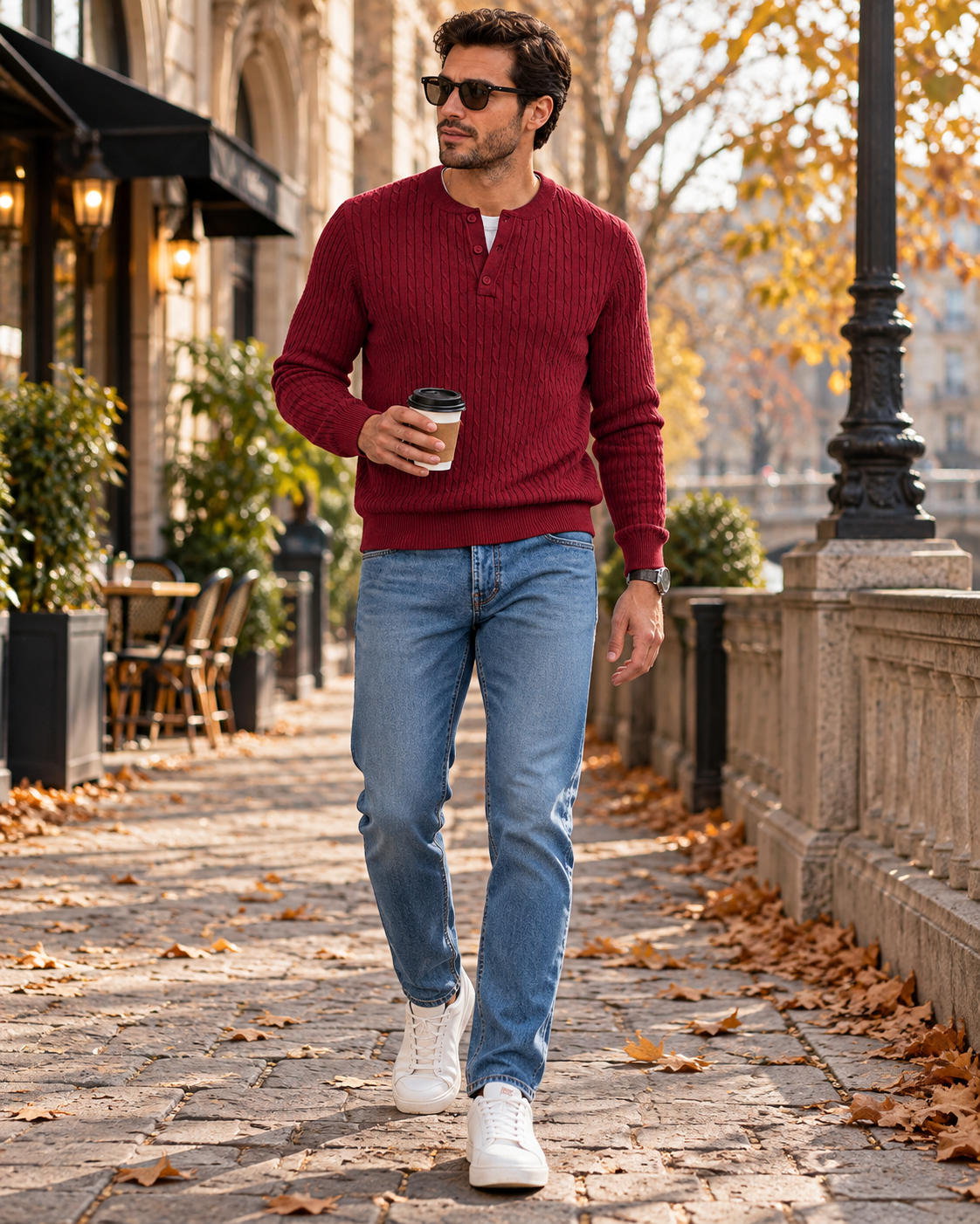Carlo Men's Henley Cable Knit Sweater – Slim Fit Long Sleeve Pullover for Casual Wear