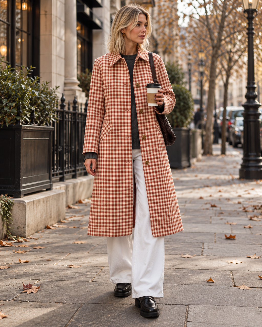 Zaria Women's Long Plaid Trench Coat showcasing Classic Lapels and Single-Breasted Buttons