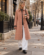 Zaria Women's Long Plaid Trench Coat showcasing Classic Lapels and Single-Breasted Buttons
