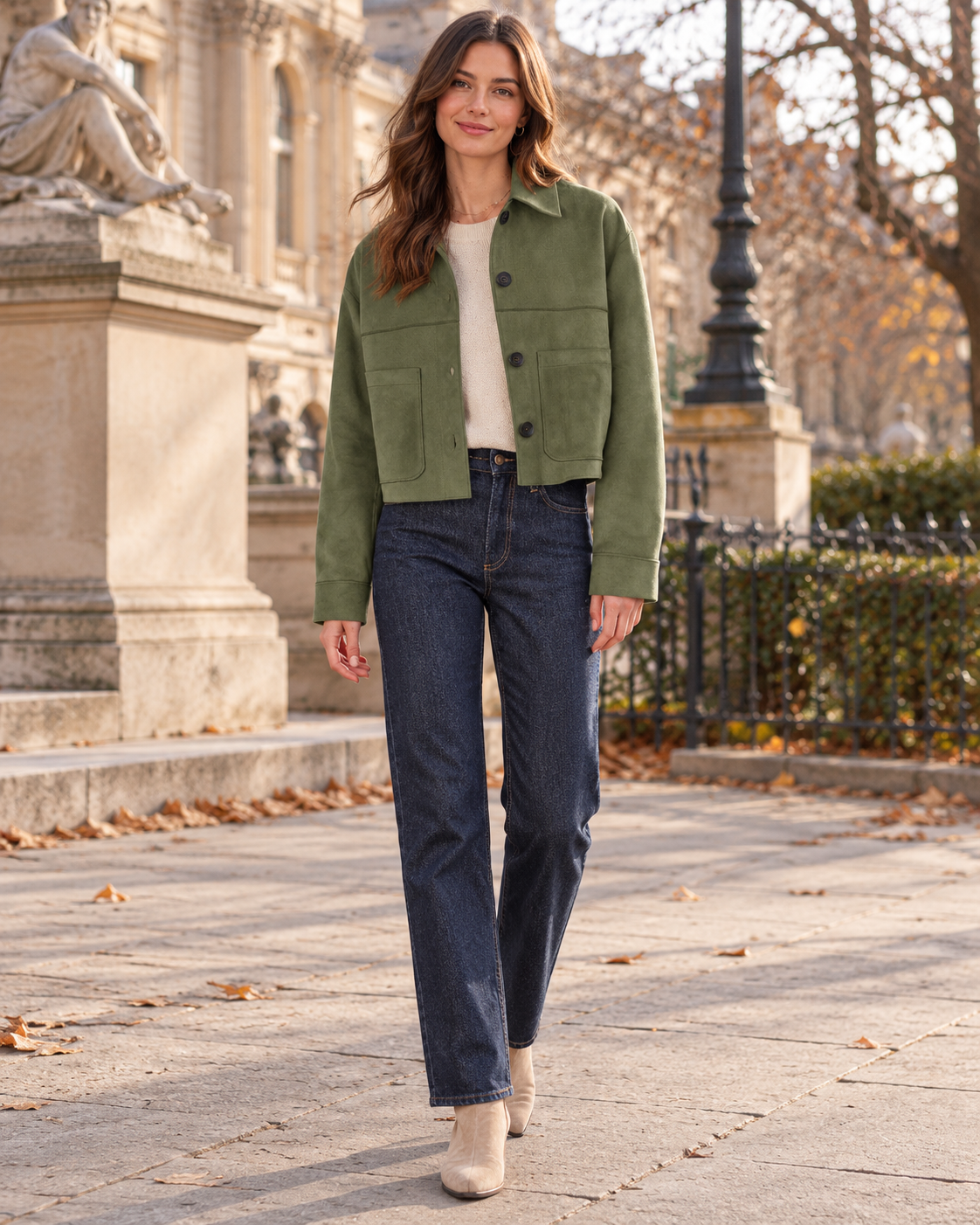 Janelle Women's Cropped Faux Suede Button Front Light Daily Shacket Jacket, Long Sleeves