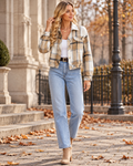Hannah Women's Cropped Plaid Shacket with Button Front, Long Sleeves, Relaxed Fit