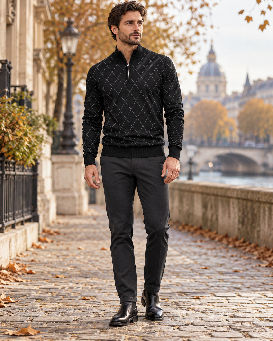 Nash Men's Soft Argyle Quarter-Zip Sweater with Stand Collar, Ribbed Cuffs and Hem