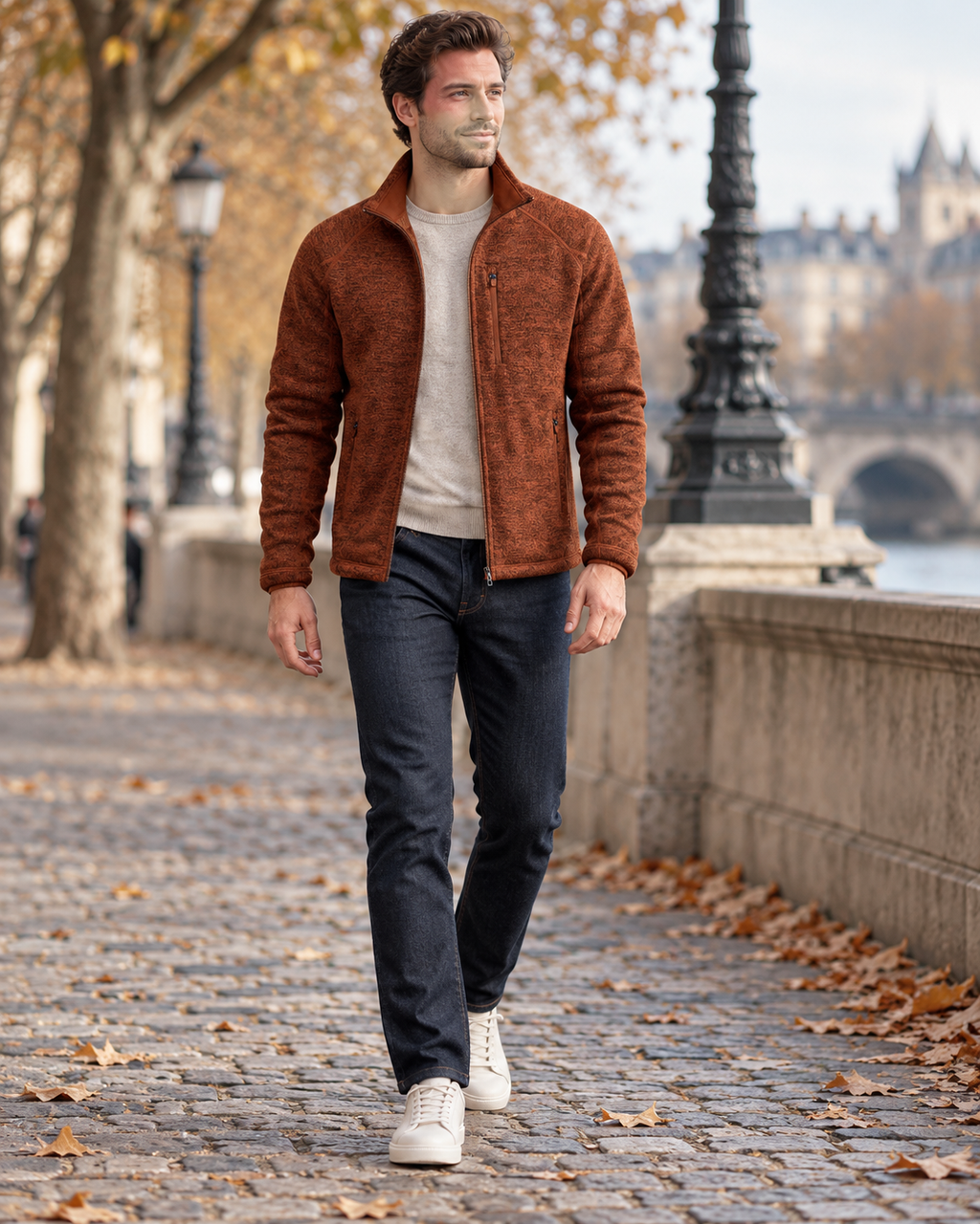 Vince Men's Stand-Collar Fleece Jacket with Long Sleeves and Wind-Resistant Polyester