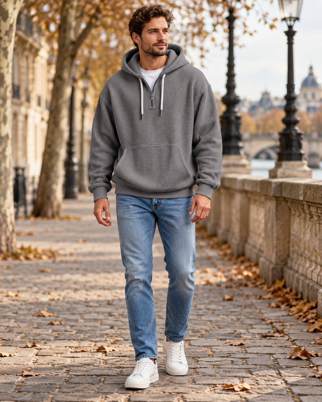 Gian Men's Waffle Knit Hoodie with Quarter Zip, Ribbed Cuffs, Kangaroo Pocket, Waffle Knit