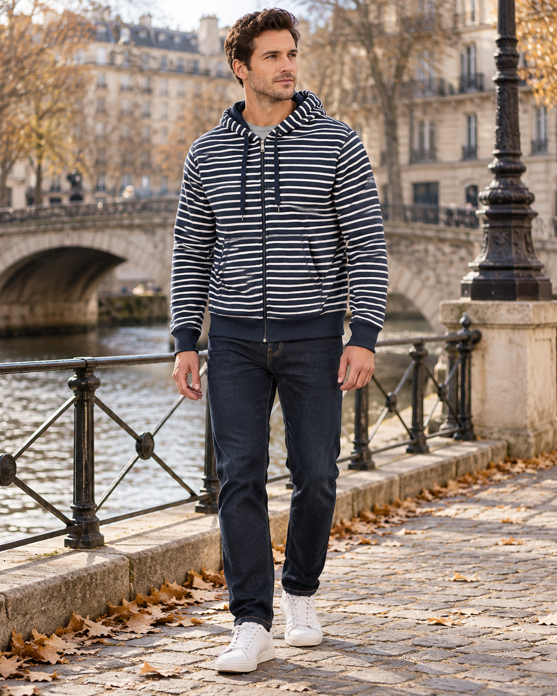 Tomas Men's Regular-Fit Striped Fleece Hoodie with Front Zip and Adjustable Lined Hood
