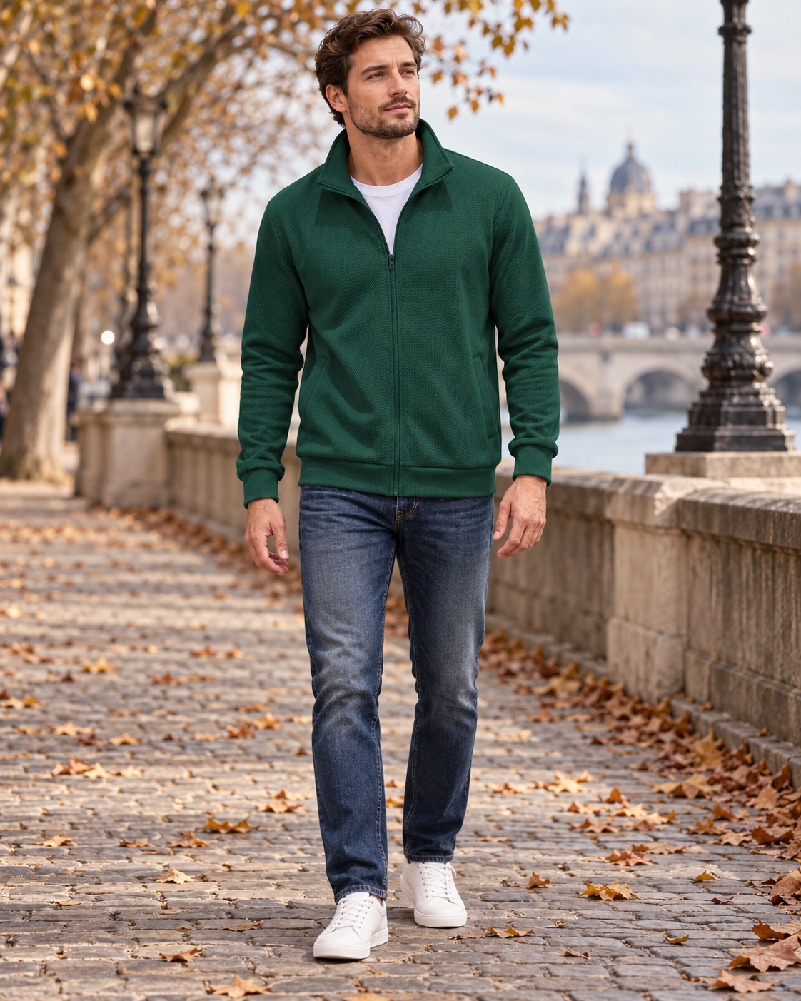Bryan Men's Zip-Through Knit Sweatshirt with Raised Neckline and Diagonal Twill Pattern