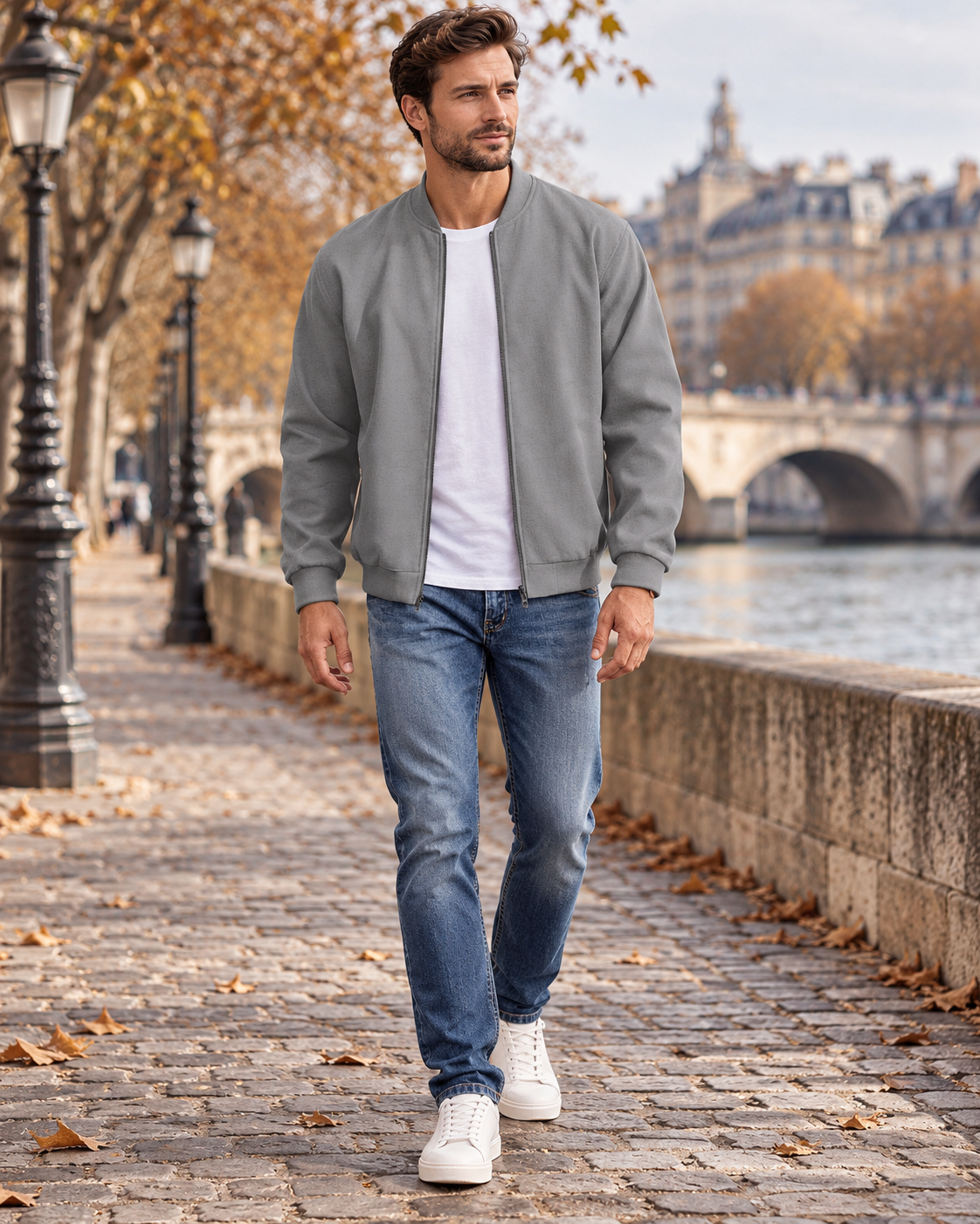 Bryan Men's Linen Bomber Jacket showcasing Ribbed Trims, Front Zipper and Two Side Pockets