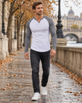 Kian Men's Fitted Ribbed V-Neck T-Shirt with Long Contrast Raglan Sleeves and Curved Hem
