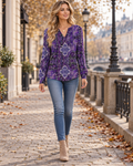Uma Women's Soft Stretch Paisley Floral Blouse with Long Sleeves and a Loose Drape