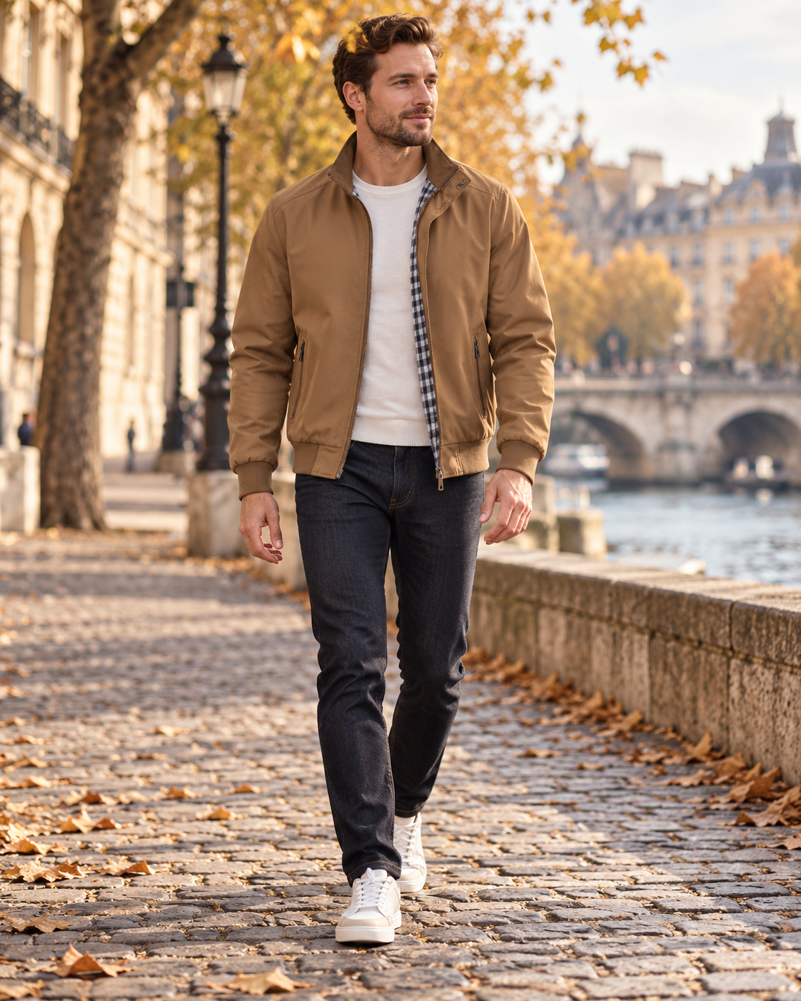 Marco Men's Casual Lightweight Bomber with Zip Front, Stand Collar and Ribbed Knit Trim