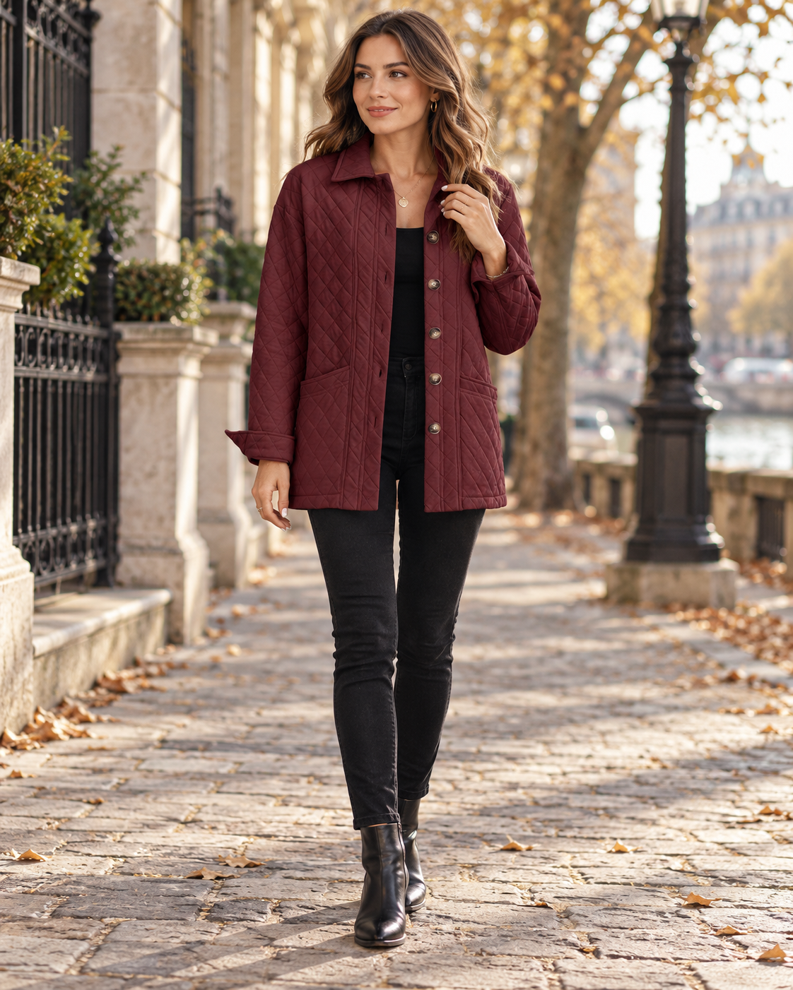 Rhianna Women's Diamond Quilted Jacket with Button Front, Relaxed Fit, Lightweight