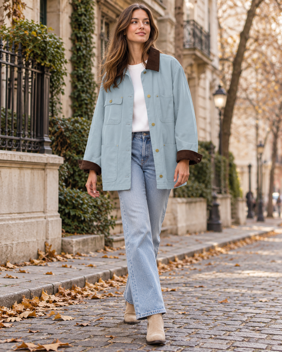 Lara Women's Relaxed Oversized Cotton Utility Barn Jacket with Corduroy Collar and Patch