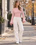 Olivia Women's Crewneck Ribbed Knit Top with Slim Silhouette and Flared Bell Cuffs