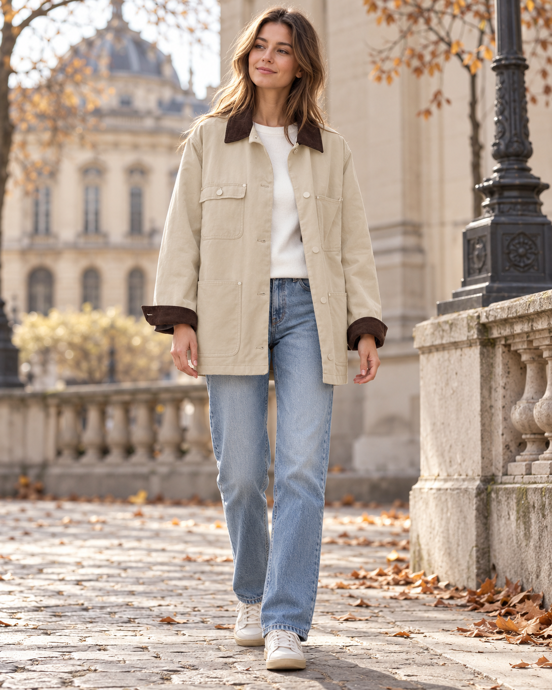 Lara Women's Relaxed Oversized Cotton Utility Barn Jacket with Corduroy Collar and Patch