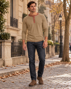 Denzel Men's Regular-Fit Cotton Henley Top with Four Buttons and Long Raglan Sleeves