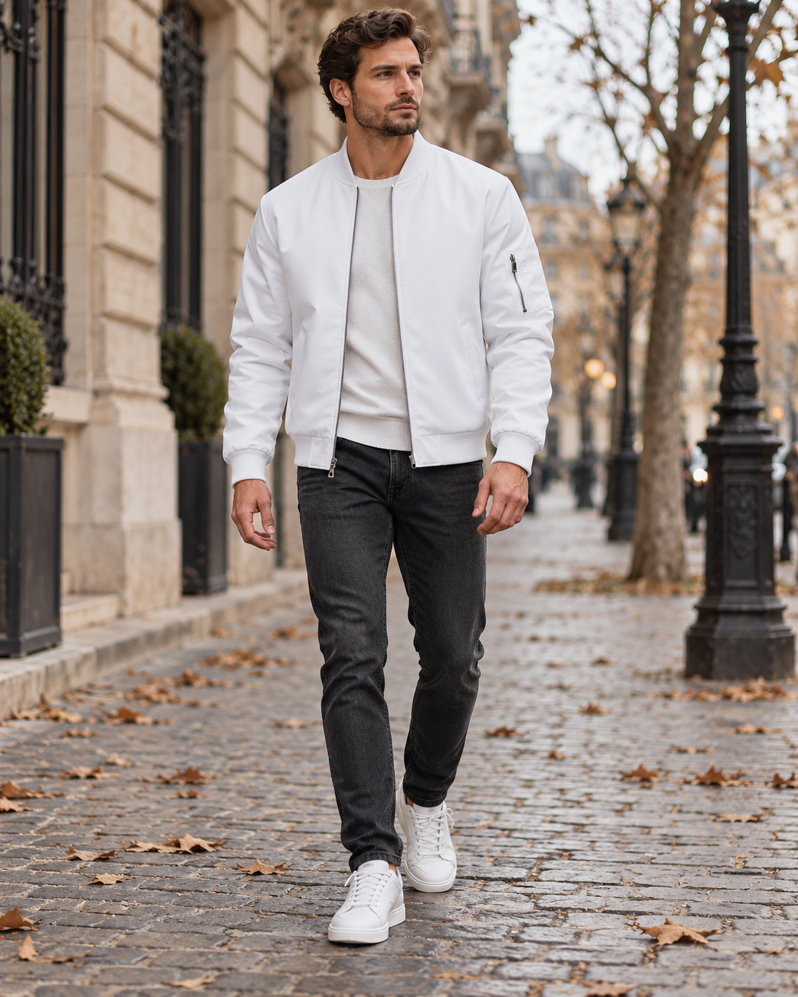 Darius Men's Casual Bomber with Full-Length Zip, Ribbed Trims and Zipped Sleeve Pocket
