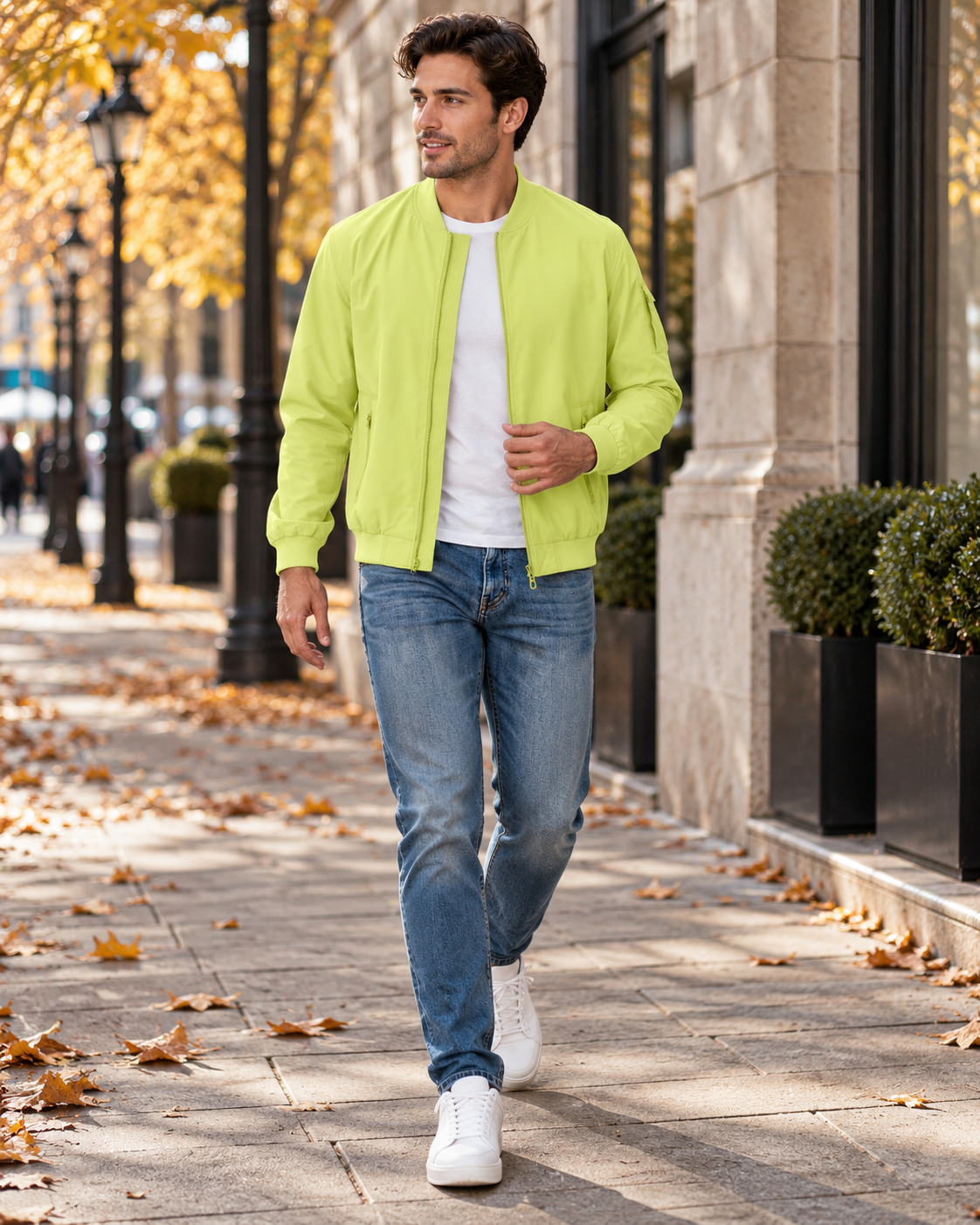 Renzo Men's Full-Zip Wind-Resistant Bomber Jacket with Sleeve Pocket and Ribbed Edges