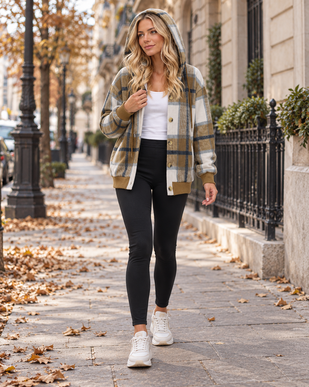 Pauline Women's Oversized Plaid Sweatshirt with Button Closure and Drawstring Hood
