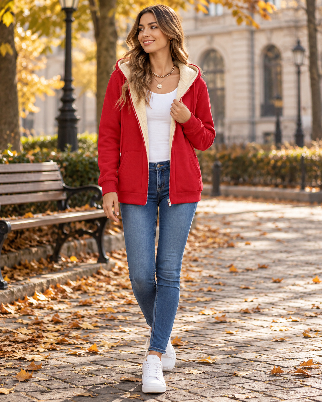 Shaina Women's Sherpa-Fleece-Lined Zip-Up Hoodie with Drawstrings and Ribbed Waistband