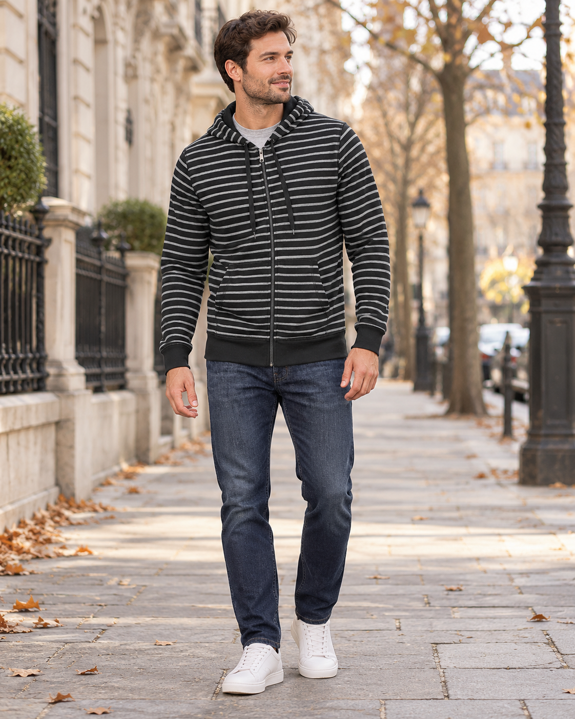 Tomas Men's Regular-Fit Striped Fleece Hoodie with Front Zip and Adjustable Lined Hood