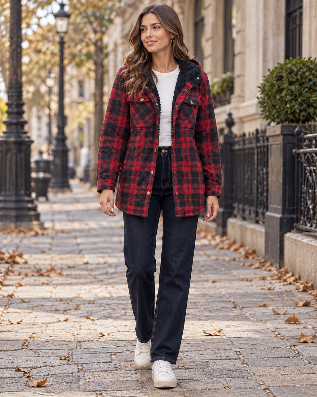 Danica Women's Hooded Plaid Shacket with Fleece Lining, Chest Pockets, Button Front