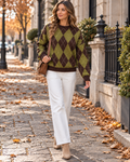 Hailey Women's Diamond-Pattern Knit Sweater with Long Sleeves and Dropped Shoulder Seams
