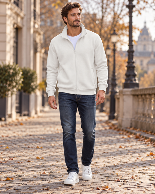 Bryan Men's Zip-Through Knit Sweatshirt with Raised Neckline and Diagonal Twill Pattern