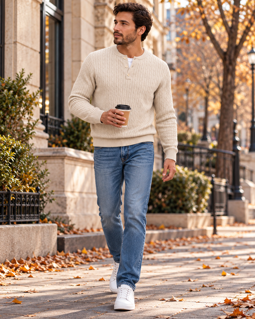Carlo Men's Henley Cable Knit Sweater – Slim Fit Long Sleeve Pullover for Casual Wear