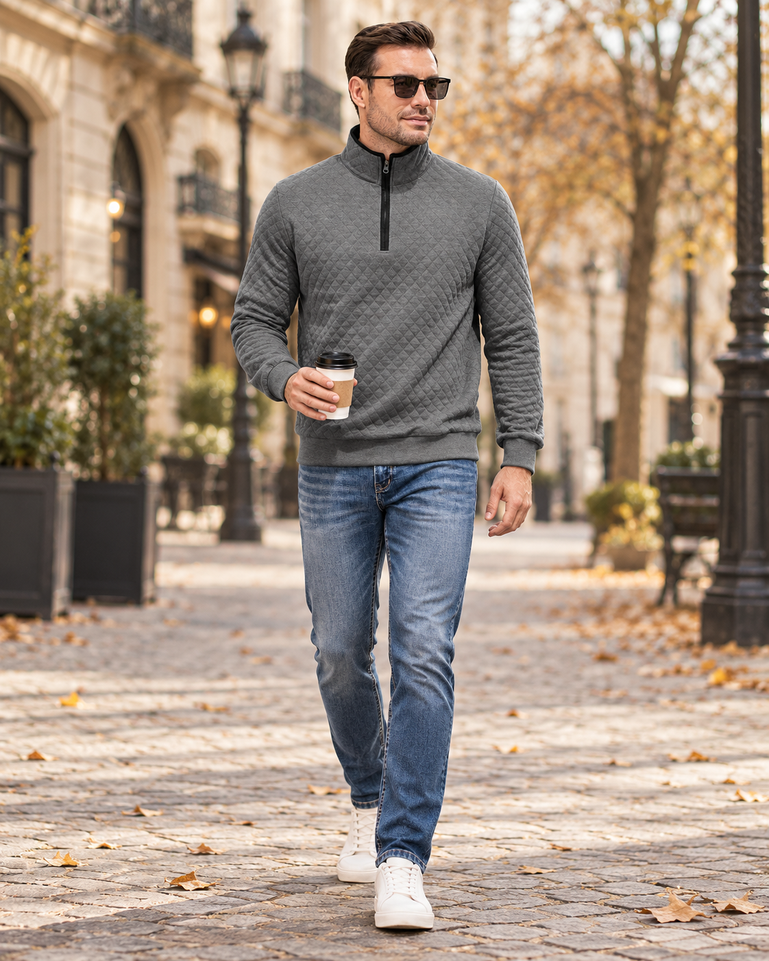 Cedrick Men's Soft Quilted Pullover with Contrast Quarter Zip, Long Sleeves and Mock Neck