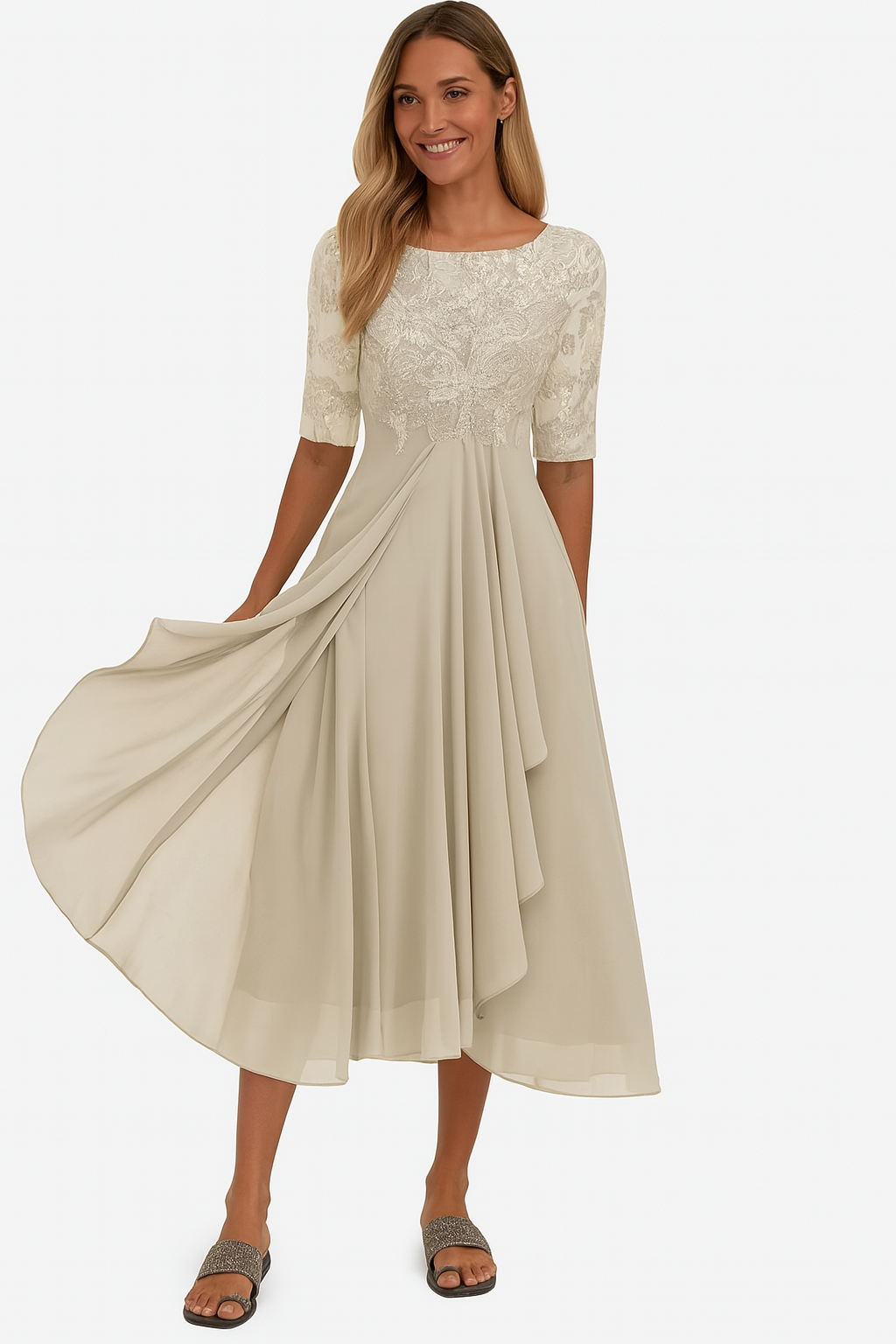 Nyla Refined Women's Dress – Lace & Chiffon Dress, A-Line Cut, Midi Length & Short-Sleeve Design