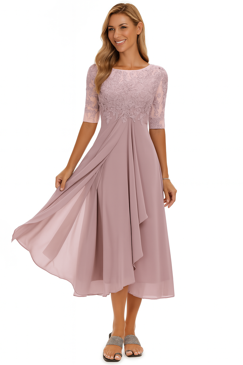 Nyla Refined Women's Dress – Lace & Chiffon Dress, A-Line Cut, Midi Length & Short-Sleeve Design