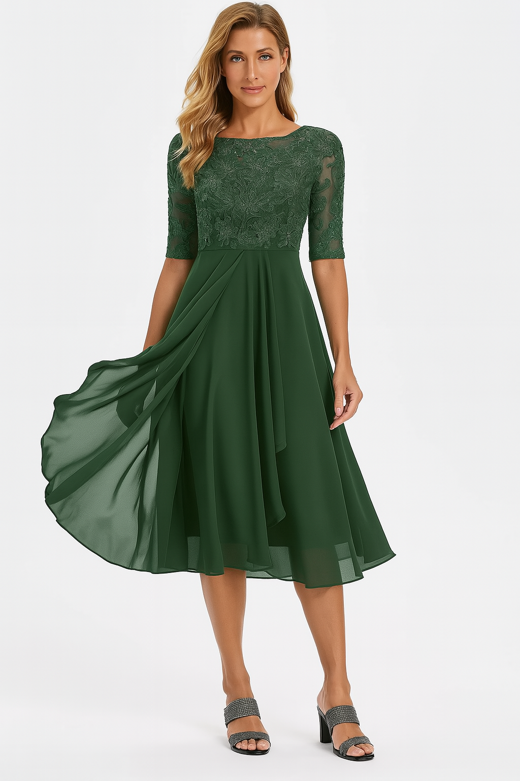 Nyla Refined Women's Dress – Lace & Chiffon Dress, A-Line Cut, Midi Length & Short-Sleeve Design