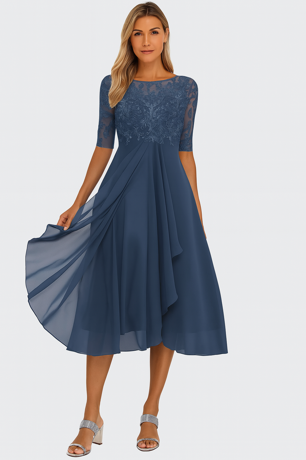 Nyla Refined Women's Dress – Lace & Chiffon Dress, A-Line Cut, Midi Length & Short-Sleeve Design