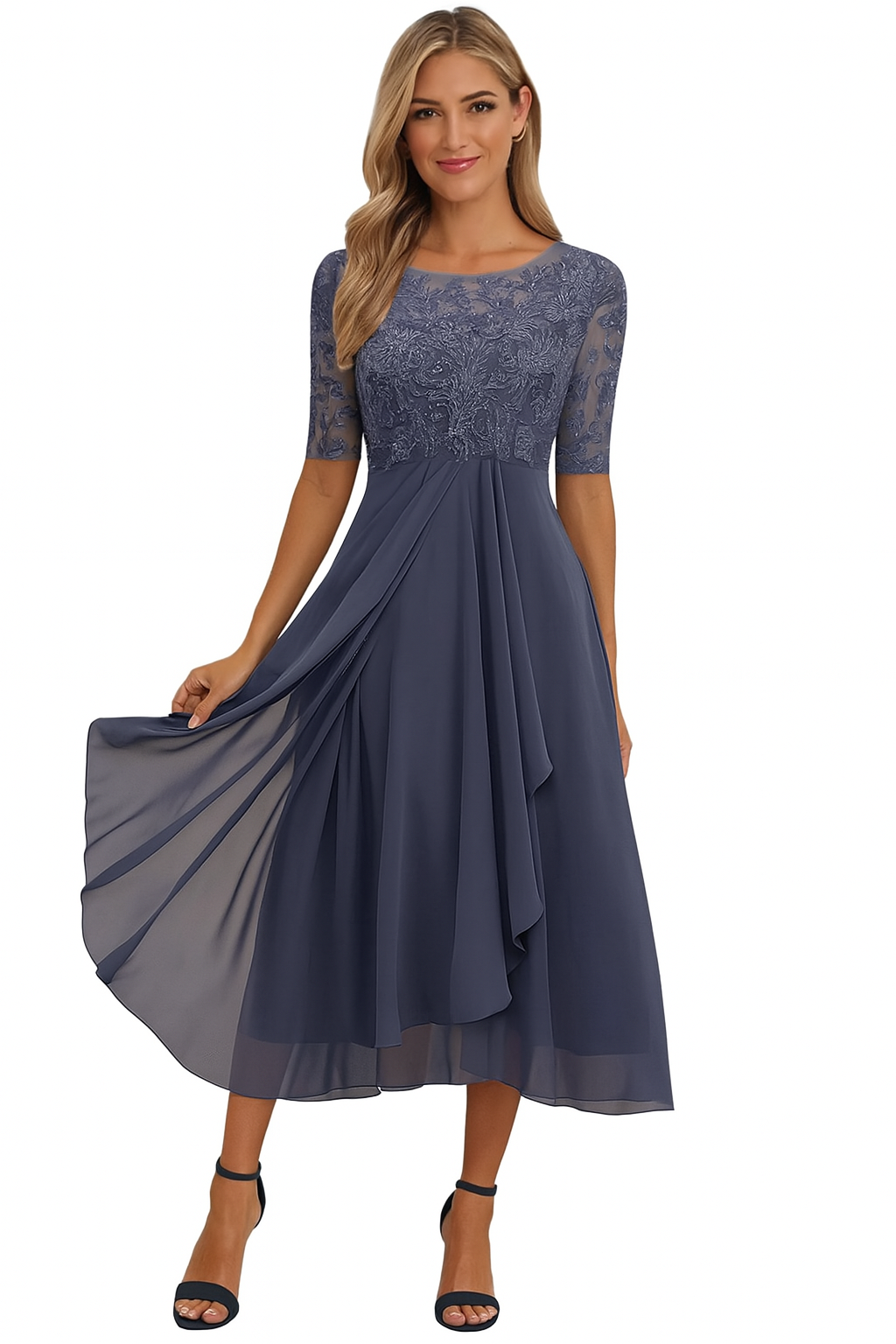 Nyla Refined Women's Dress – Lace & Chiffon Dress, A-Line Cut, Midi Length & Short-Sleeve Design