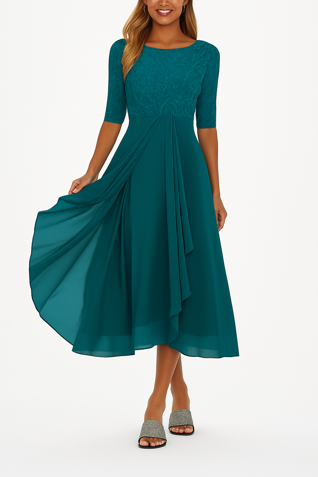 Nyla Refined Women's Dress – Lace & Chiffon Dress, A-Line Cut, Midi Length & Short-Sleeve Design