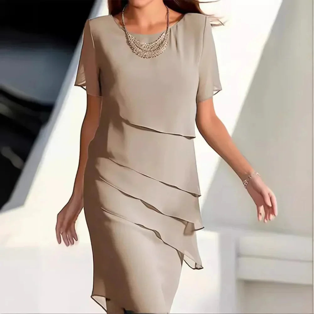 Ursula Women's Midi Dress – Sophisticated Chiffon Dress with Tiered Design and Refined Details