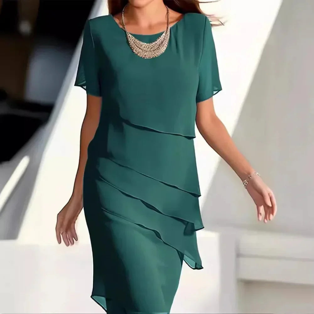 Ursula Women's Midi Dress – Sophisticated Chiffon Dress with Tiered Design and Refined Details